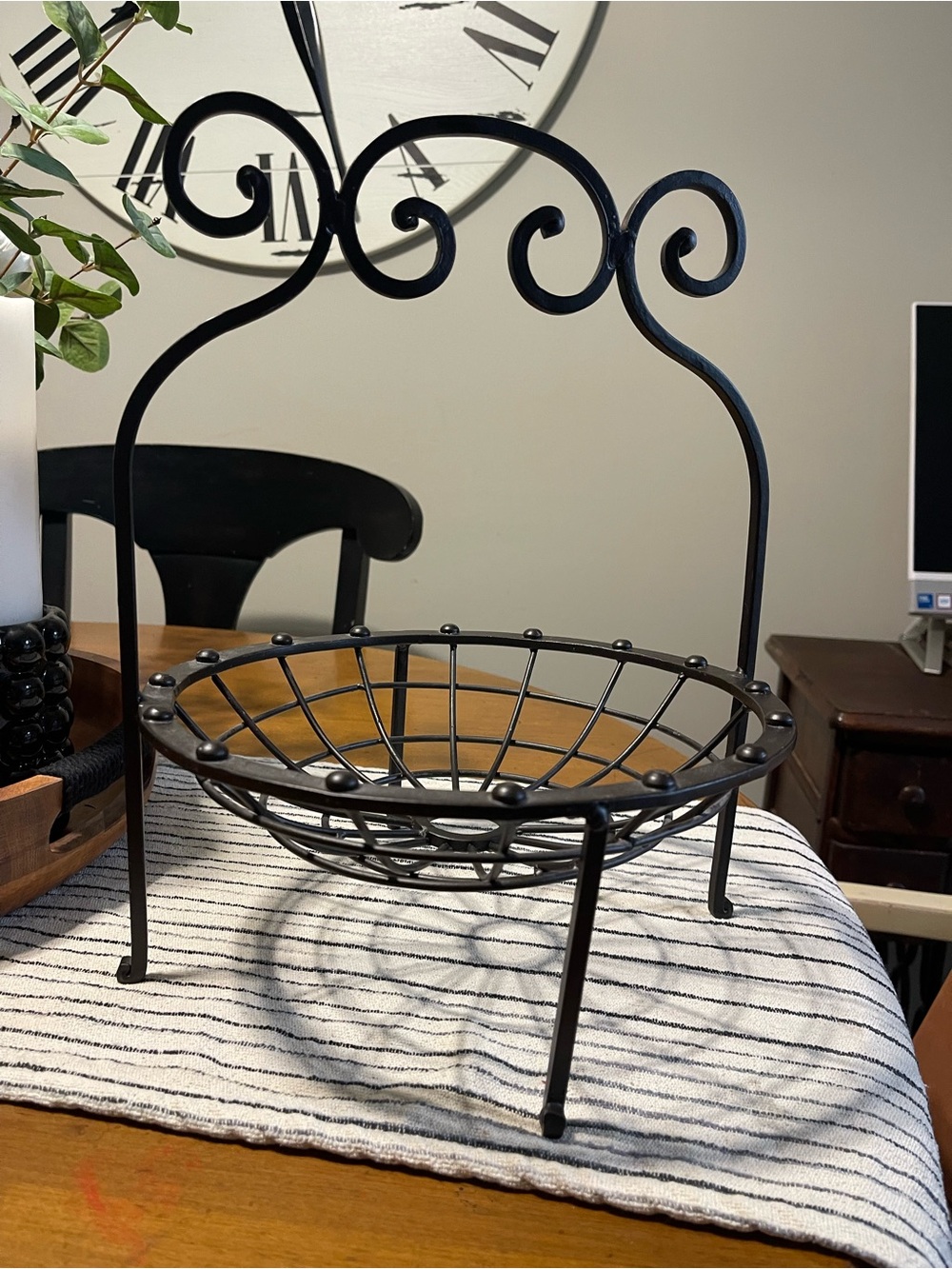 Decorative Black Metal Hanging Fruit Basket with Scroll Accent